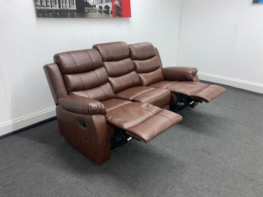 Landos Manual Recliner Brown Leather 3 Seater Sofa - Drinks Tray Table Sofas