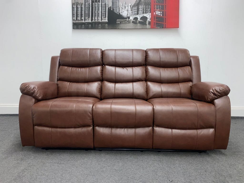 Landos Manual Recliner Brown Leather 3 Seater Sofa - Drinks Tray Table Sofas