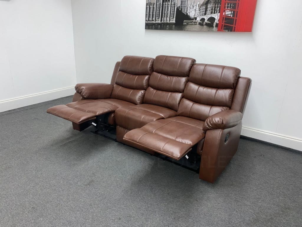 Landos Manual Recliner Brown Leather 3 Seater Sofa - Drinks Tray Table Sofas