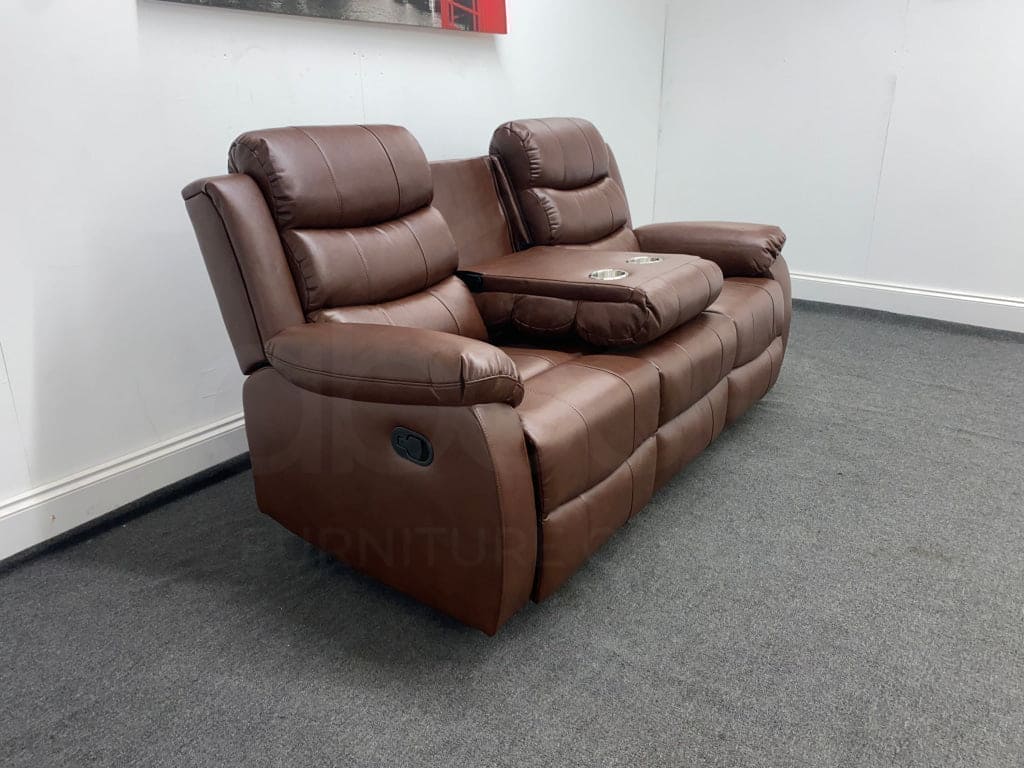 Landos Manual Recliner Brown Leather 3 Seater Sofa - Drinks Tray Table Sofas