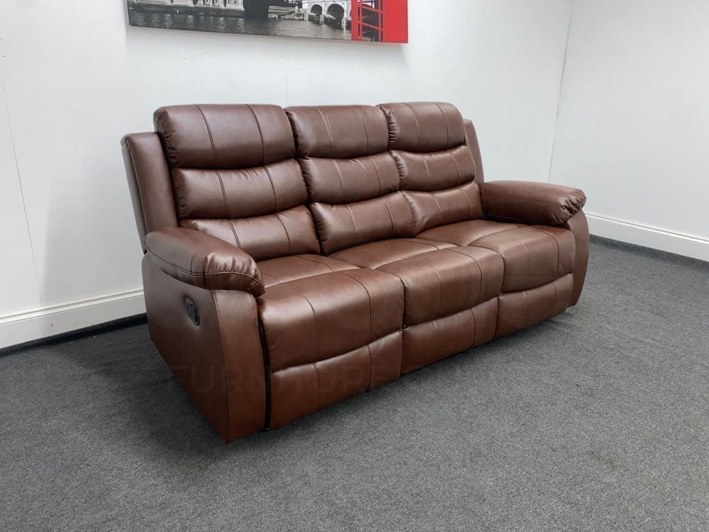 Landos Manual Recliner Brown Leather 3 Seater Sofa - Drinks Tray Table Sofas