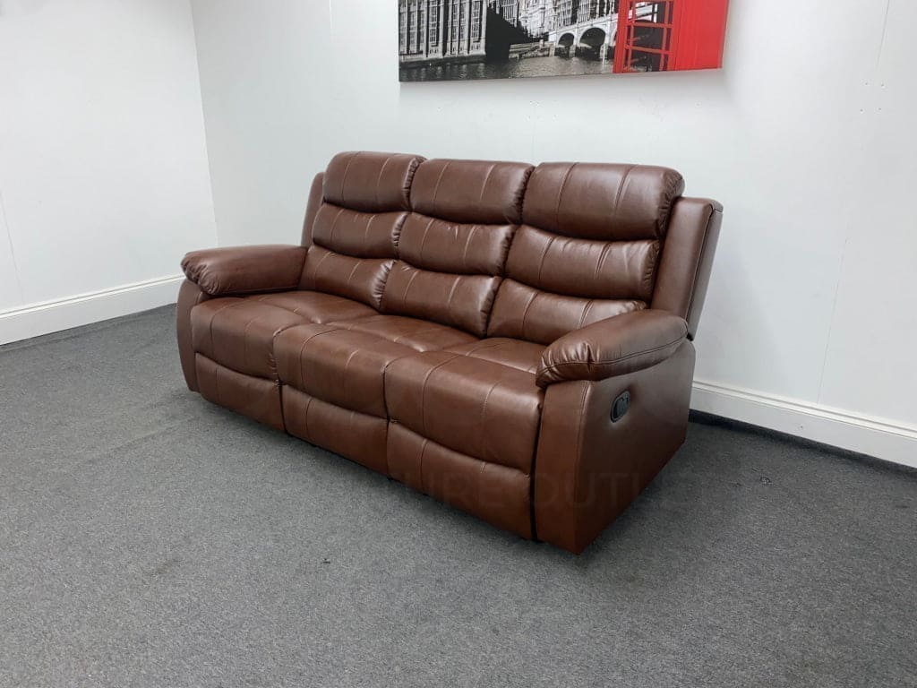 Landos Manual Recliner Brown Leather 3 Seater Sofa - Drinks Tray Table Sofas