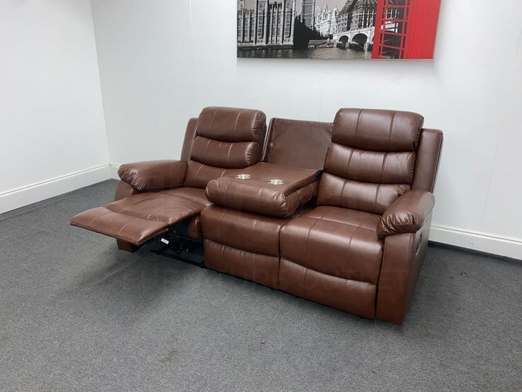 Landos Manual Recliner Brown Leather 3 Seater Sofa - Drinks Tray Table Sofas