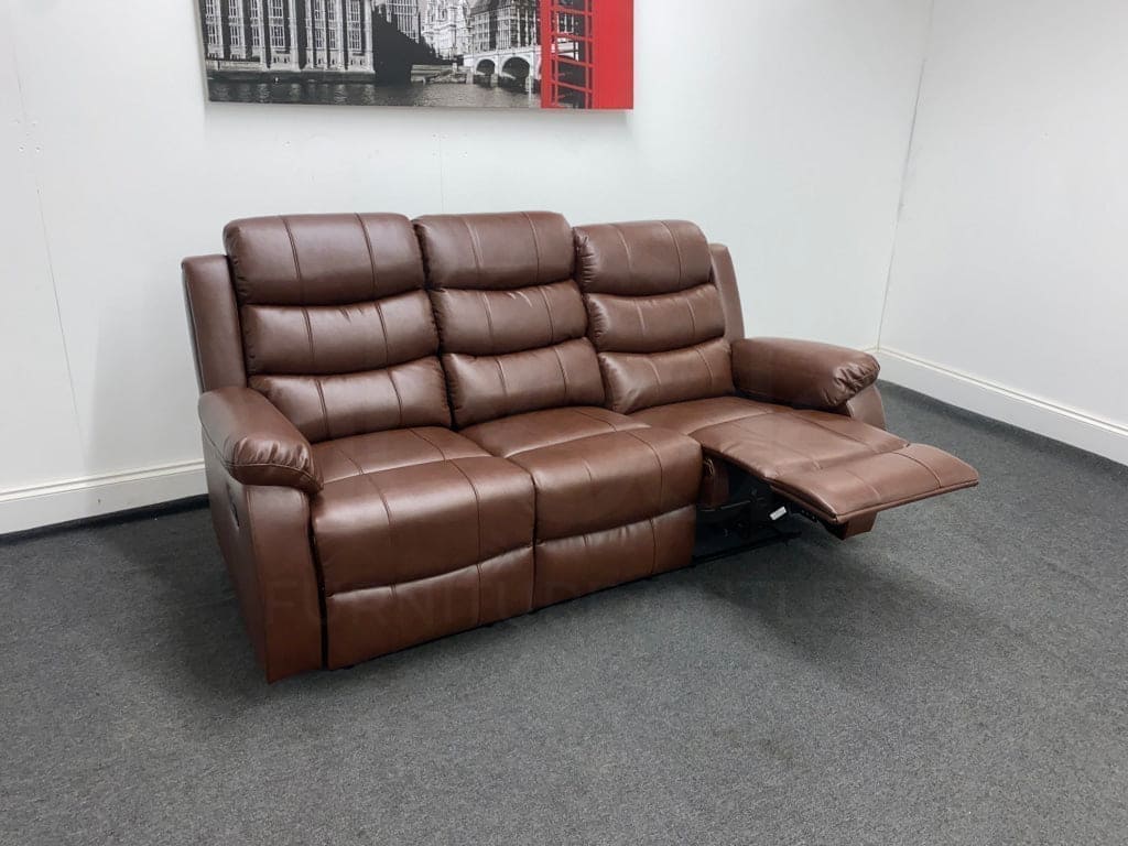 Landos Manual Recliner Brown Leather 3 Seater Sofa - Drinks Tray Table Sofas