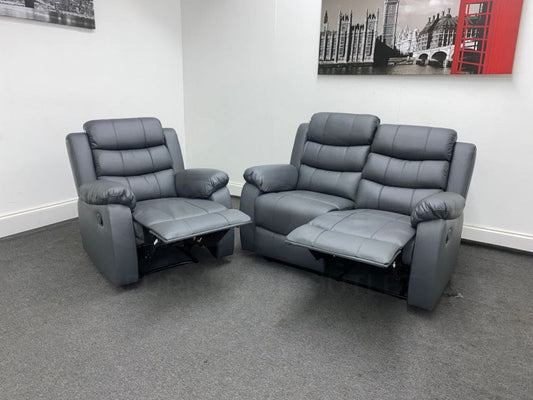Landos Manual Recliner Grey Leather 2 + 1 Seater Dfs Sofa Set Sofas