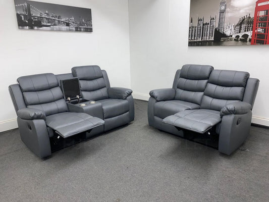 Landos Manual Recliner Grey Leather 2 + 2 Seater With Console Dfs Sofa Set Sofas