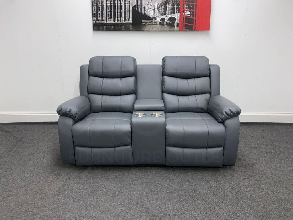 Landos Manual Recliner Grey Leather 2 Seater With Console Sofa Sofas
