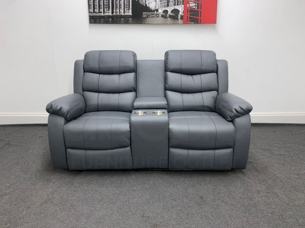 Landos Manual Recliner Grey Leather 2 Seater With Console Sofa Sofas