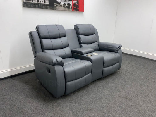 Landos Manual Recliner Grey Leather 2 Seater With Console Sofa Sofas