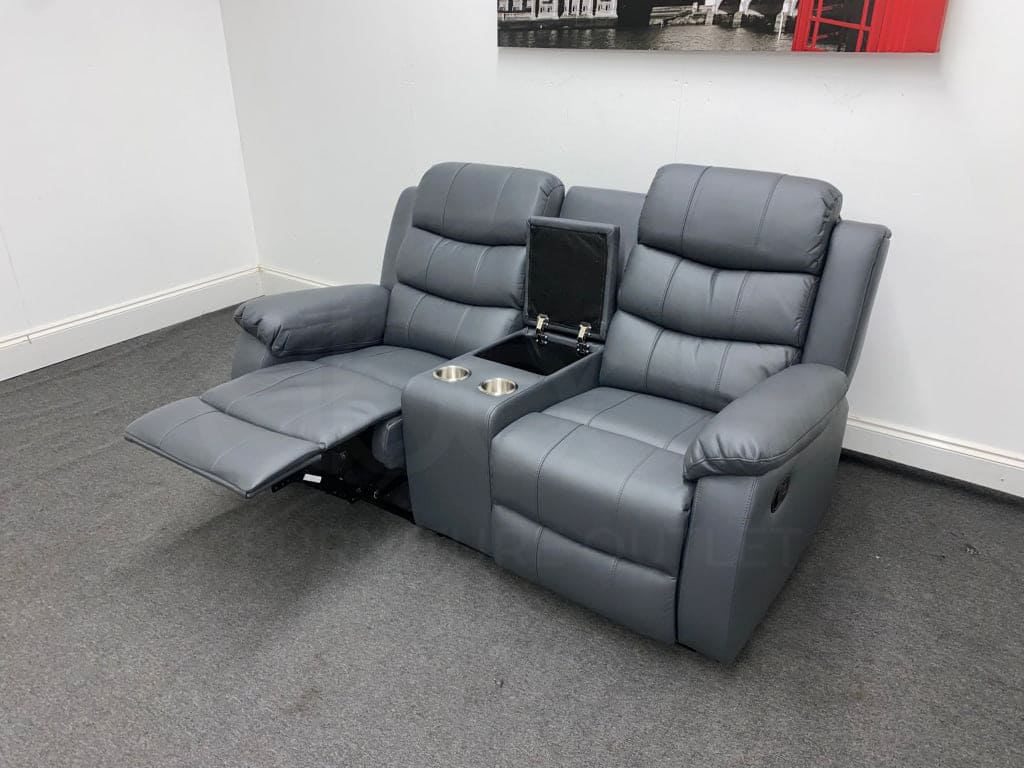 Landos Manual Recliner Grey Leather 2 Seater With Console Sofa Sofas