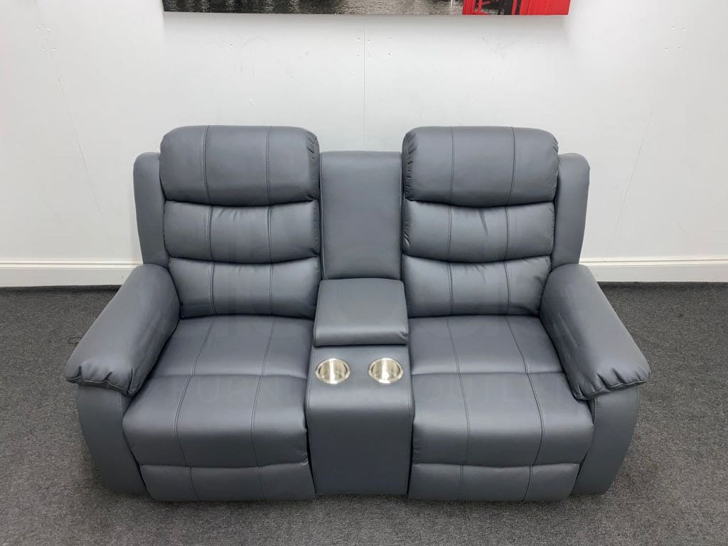 Landos Manual Recliner Grey Leather 2 Seater With Console Sofa Sofas