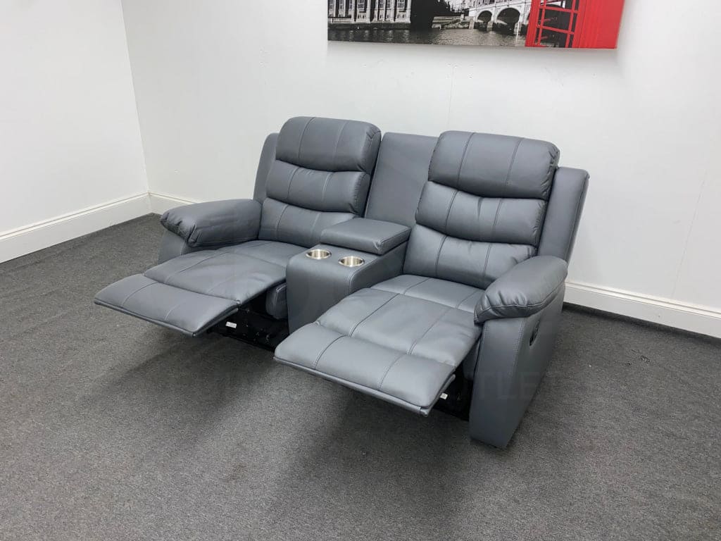 Landos Manual Recliner Grey Leather 2 Seater With Console Sofa Sofas