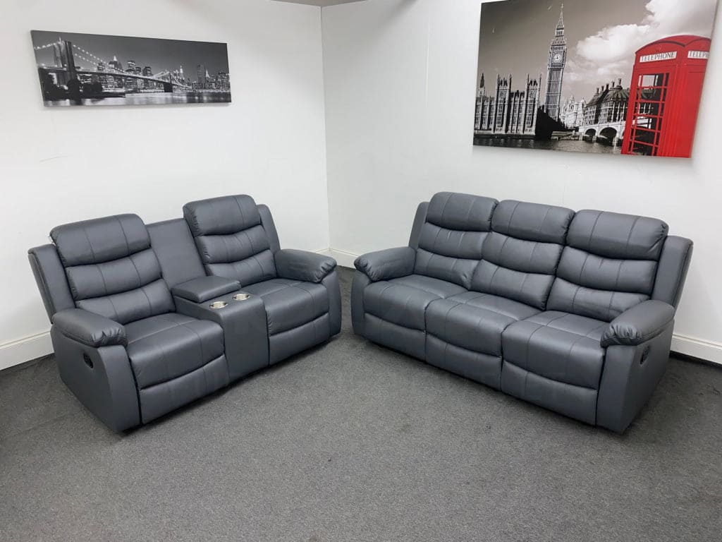 Landos Manual Recliner Grey Leather 3 + 2 Seater With Console Dfs Sofa Set Sofas