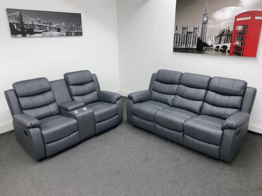 Landos Manual Recliner Grey Leather 3 + 2 Seater With Console Dfs Sofa Set Sofas