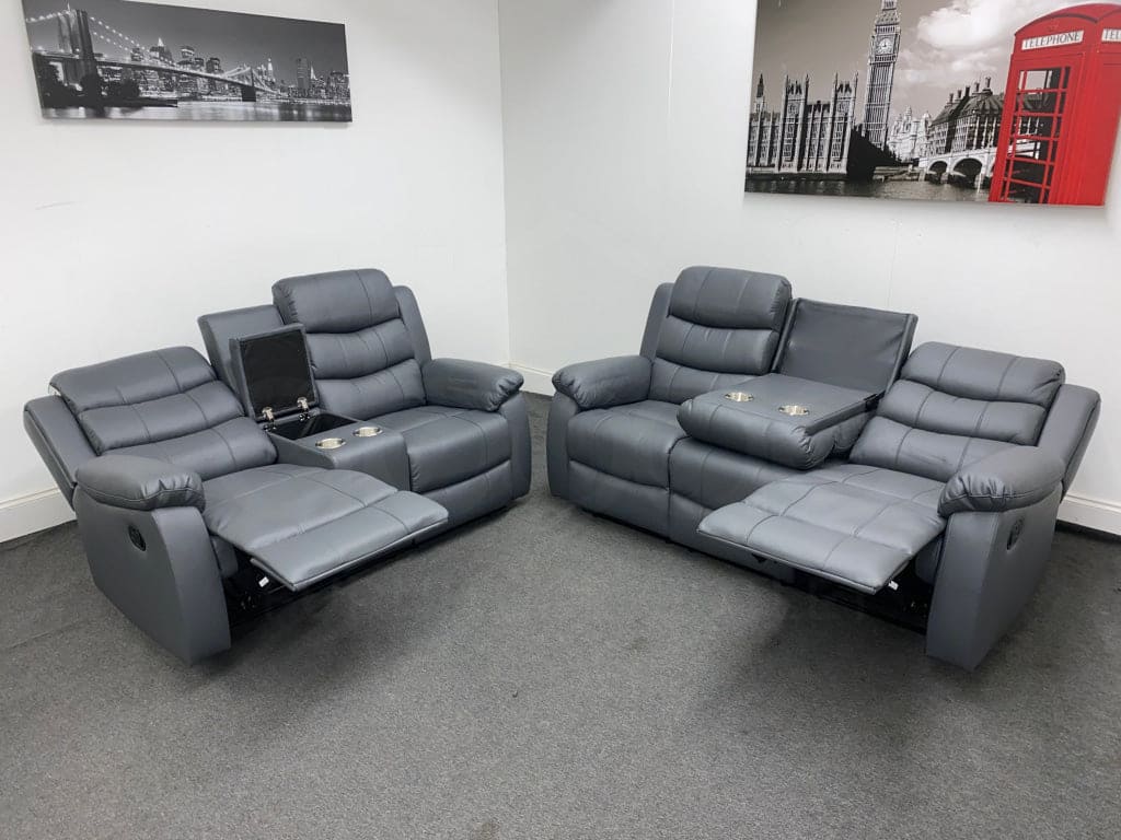 Landos Manual Recliner Grey Leather 3 + 2 Seater With Console Dfs Sofa Set Sofas