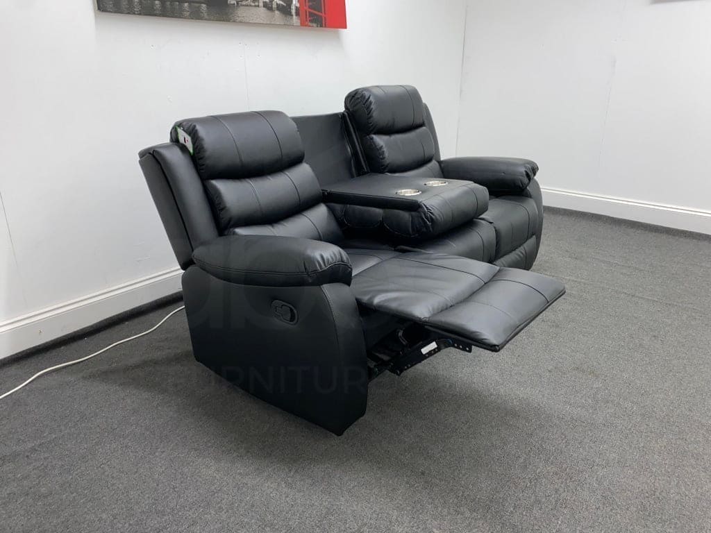 Landos Recliner Black Leather 3 Seater Sofa With Drinks Tray Table Sofas