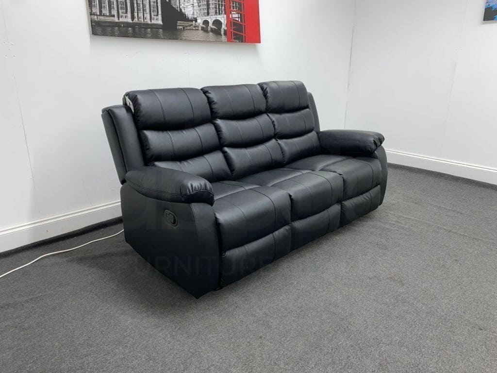 Landos Recliner Black Leather 3 Seater Sofa With Drinks Tray Table Sofas