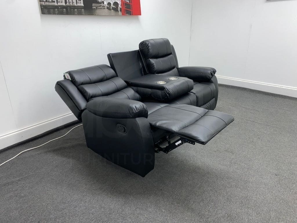 Landos Recliner Black Leather 3 Seater Sofa With Drinks Tray Table Sofas