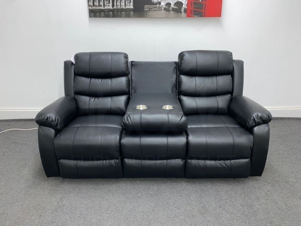 Landos Recliner Black Leather 3 Seater Sofa With Drinks Tray Table Sofas