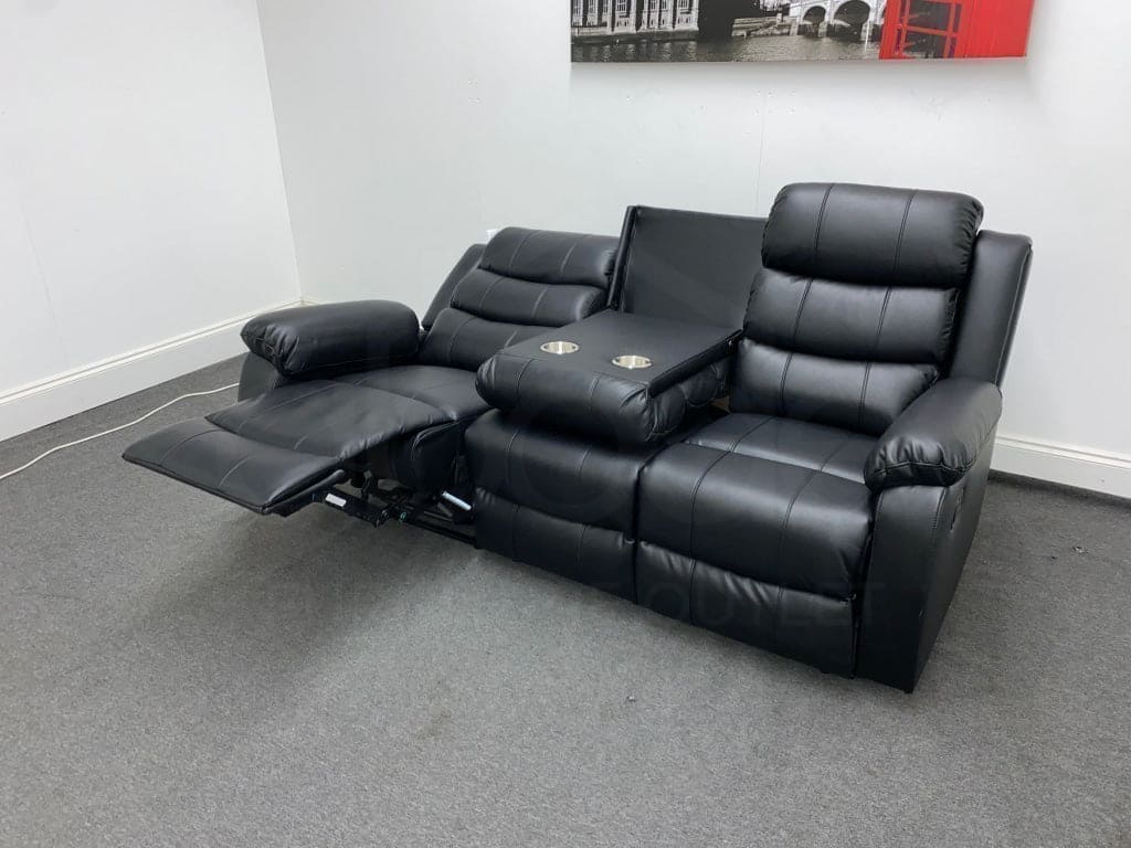 Landos Recliner Black Leather 3 Seater Sofa With Drinks Tray Table Sofas