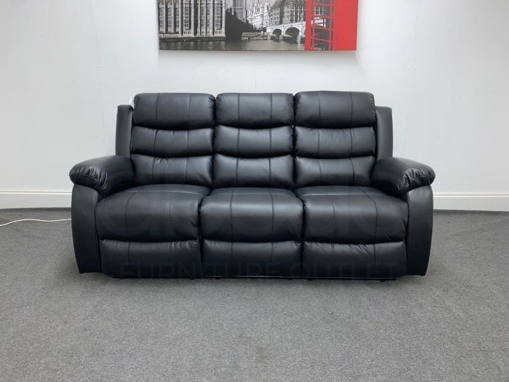 Landos Recliner Black Leather 3 Seater Sofa With Drinks Tray Table Sofas