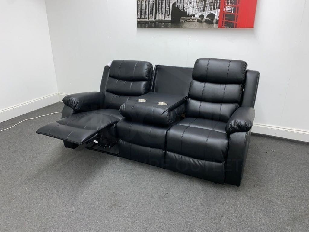 Landos Recliner Black Leather 3 Seater Sofa With Drinks Tray Table Sofas