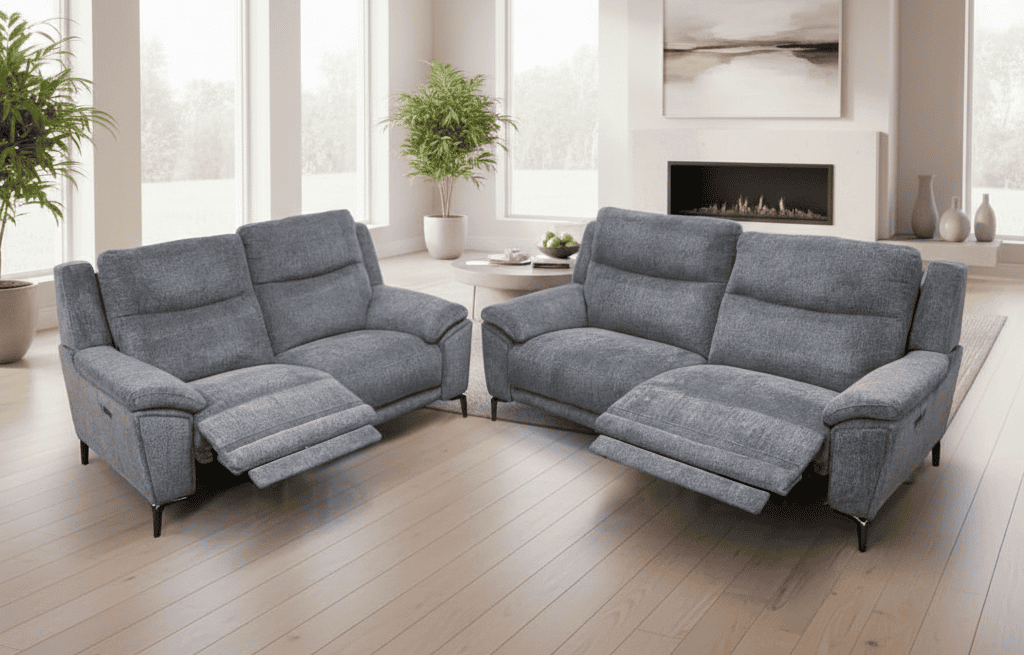 DFS STOWEN - Charcoal Grey Fabric Electric / Power Reclining 3 Seater + 2 Seater Sofa Suite Set | USB Ports | Space Saving Recliner