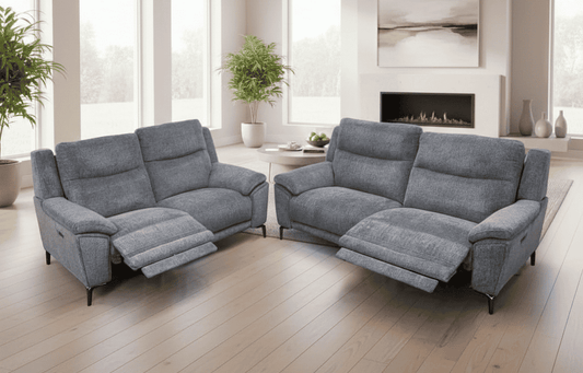 DFS STOWEN - Charcoal Grey Fabric Electric / Power Reclining 3 Seater + 2 Seater Sofa Suite Set | USB Ports | Space Saving Recliner