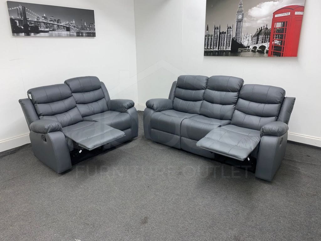 Limited Time Offer!! Landos Plus Recliner Grey Leather 3 + 2 Seater Sofa Set + Tray Table Sofas