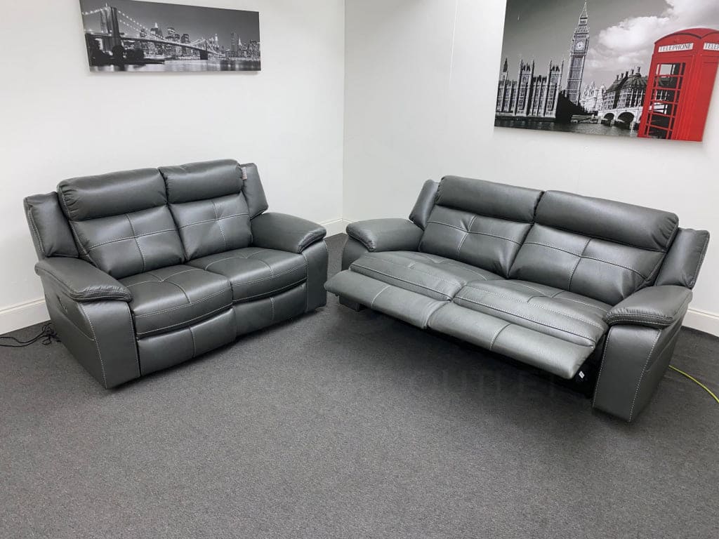 Limited Time Offer! Parker Electric Recliner Grey Leather 3 + 2 Seater Sofa Set Sofas