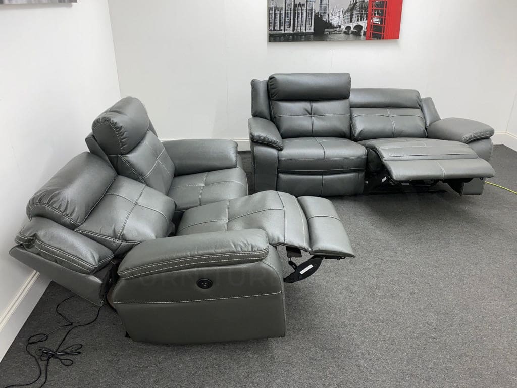 Limited Time Offer! Parker Electric Recliner Grey Leather 3 + 2 Seater Sofa Set Sofas