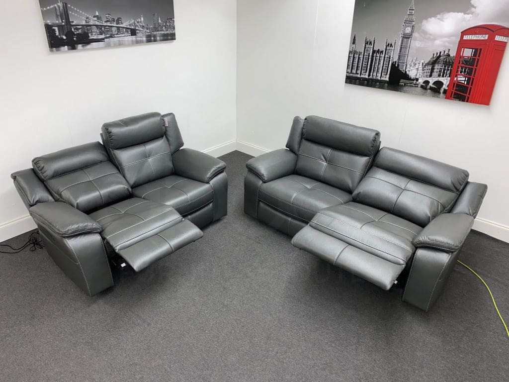 Limited Time Offer! Parker Electric Recliner Grey Leather 3 + 2 Seater Sofa Set Sofas