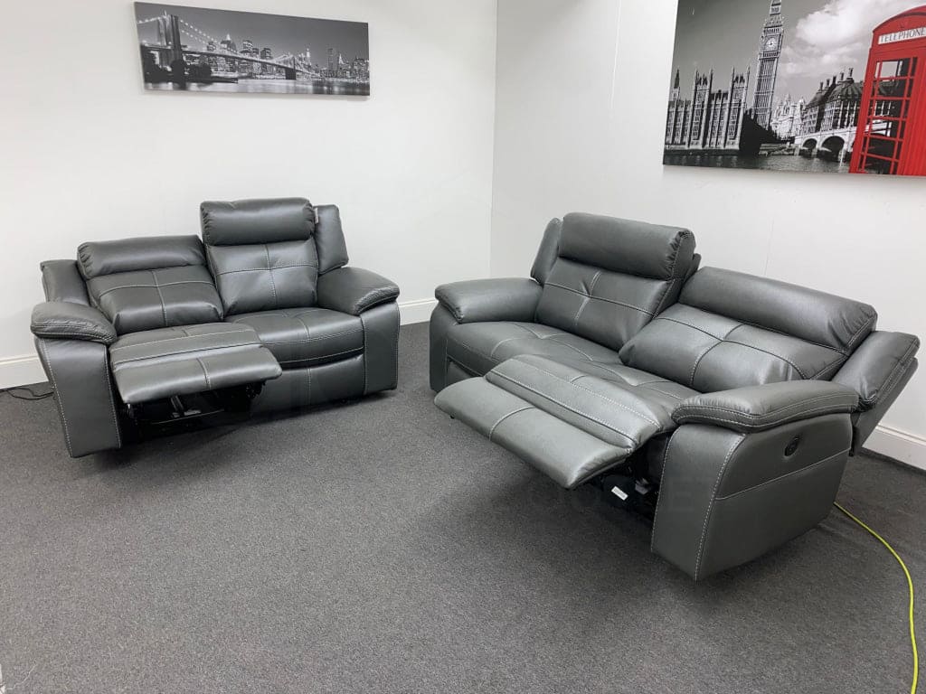 Limited Time Offer! Parker Electric Recliner Grey Leather 3 + 2 Seater Sofa Set Sofas