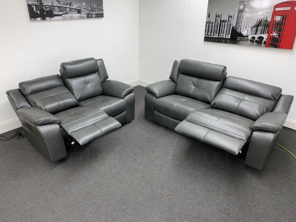 Limited Time Offer! Parker Electric Recliner Grey Leather 3 + 2 Seater Sofa Set Sofas