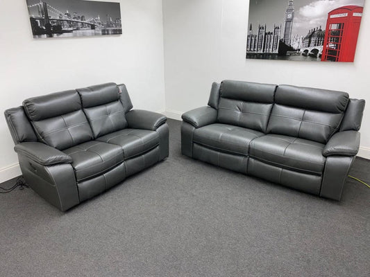 Limited Time Offer! Parker Electric Recliner Grey Leather 3 + 2 Seater Sofa Set Sofas