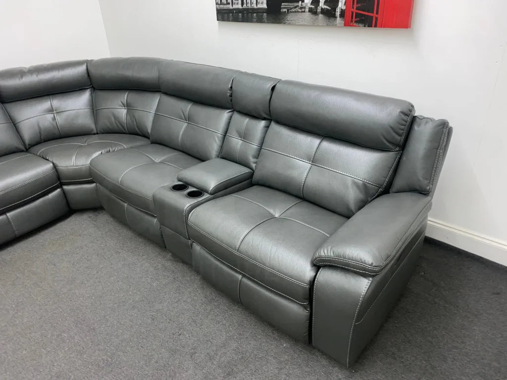Limited Time Offer! Parker Electric Recliner Grey Leather Corner Sofa With Console Sofas
