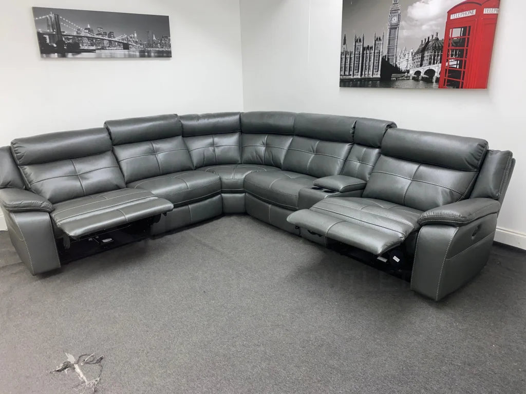 Limited Time Offer! Parker Electric Recliner Grey Leather Corner Sofa With Console Sofas