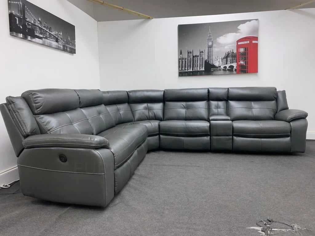 Limited Time Offer! Parker Electric Recliner Grey Leather Corner Sofa With Console Sofas