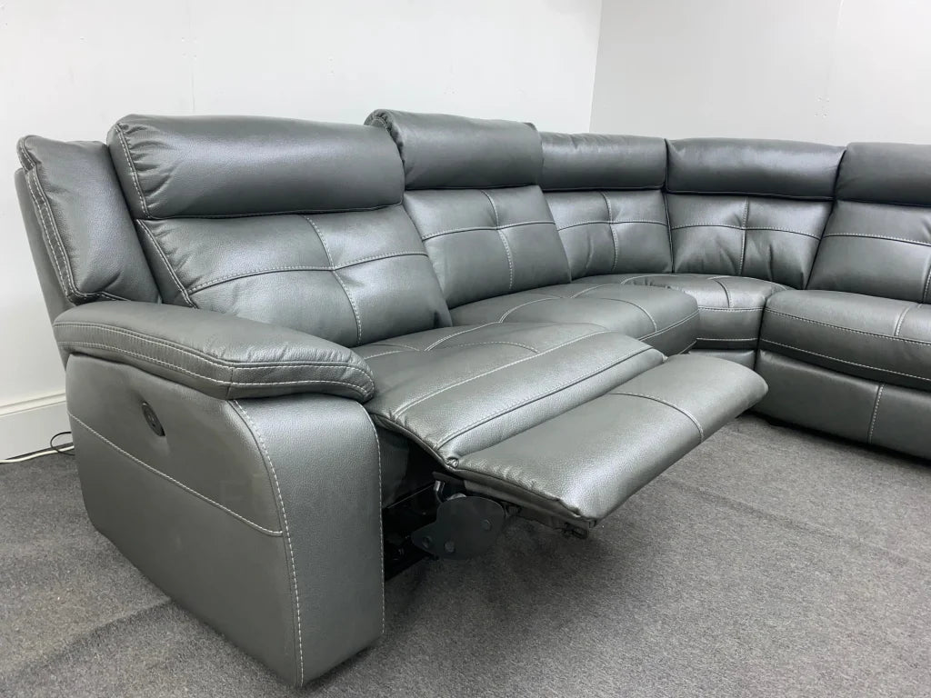 Limited Time Offer! Parker Electric Recliner Grey Leather Corner Sofa With Console Sofas