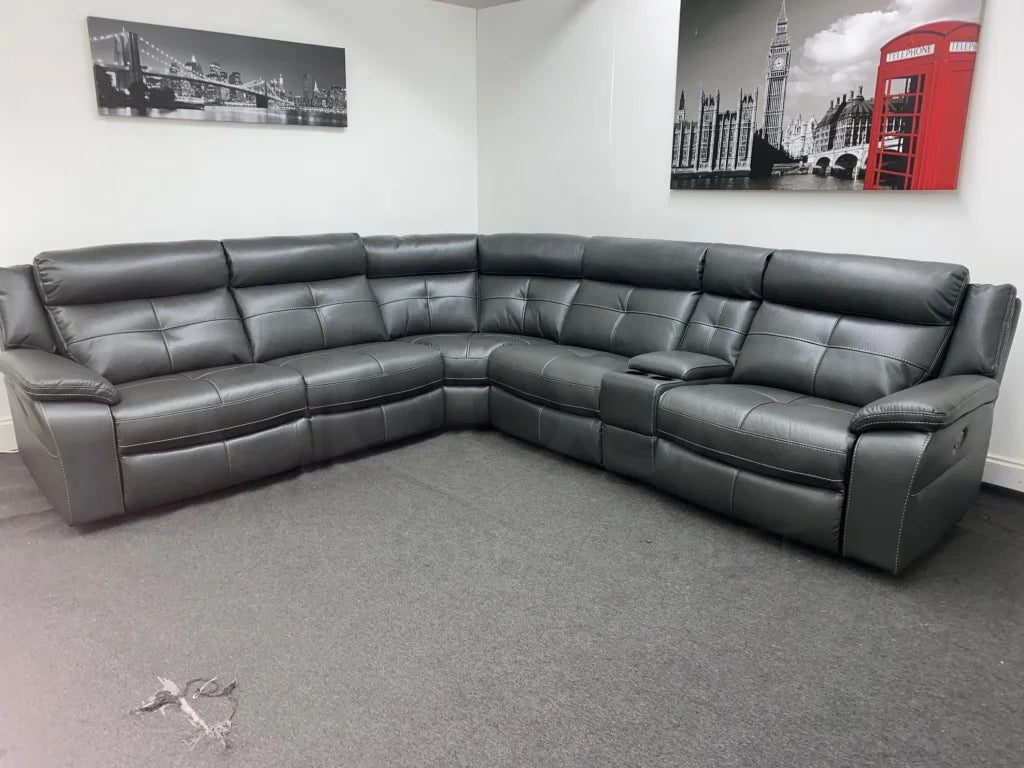 Limited Time Offer! Parker Electric Recliner Grey Leather Corner Sofa With Console Sofas