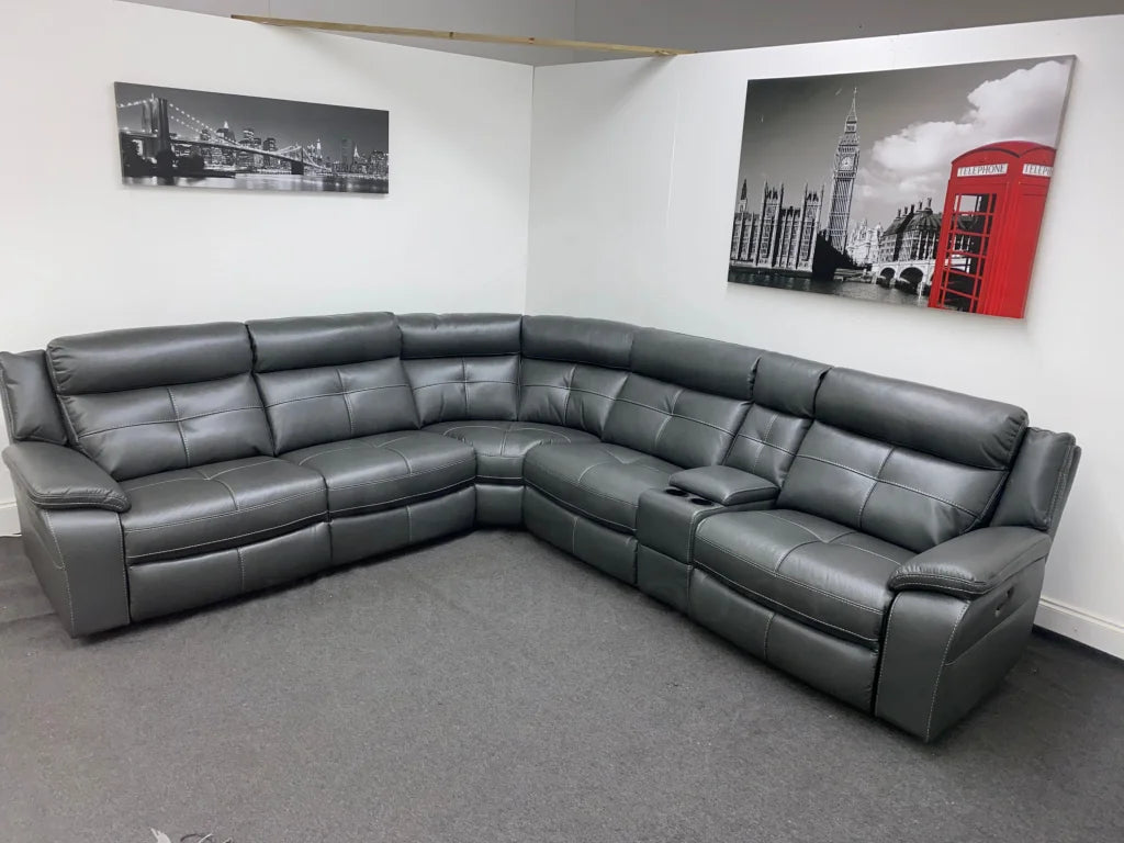 Limited Time Offer! Parker Electric Recliner Grey Leather Corner Sofa With Console Sofas