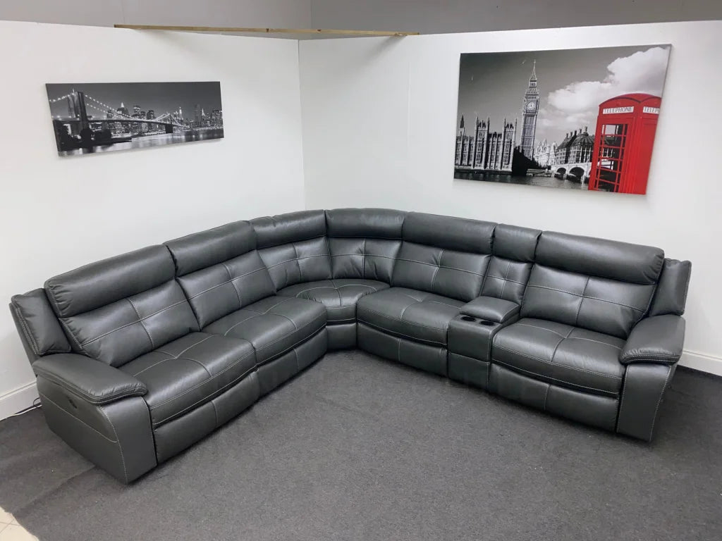 Limited Time Offer! Parker Electric Recliner Grey Leather Corner Sofa With Console Sofas