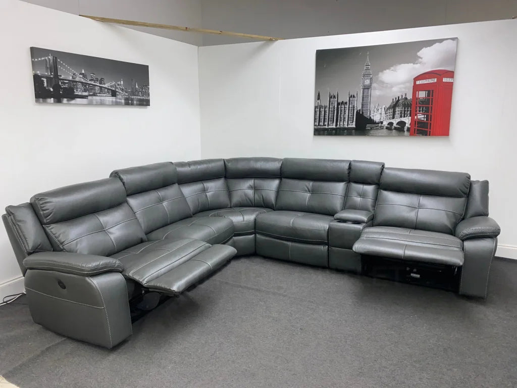 Limited Time Offer! Parker Electric Recliner Grey Leather Corner Sofa With Console Sofas
