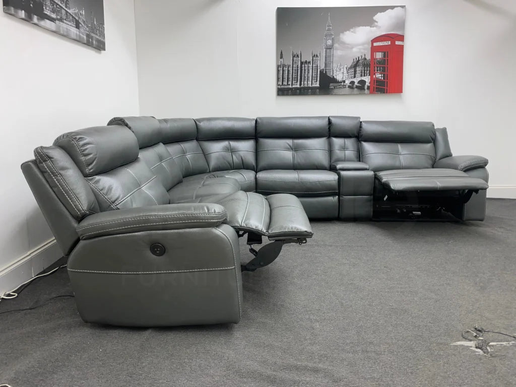 Limited Time Offer! Parker Electric Recliner Grey Leather Corner Sofa With Console Sofas
