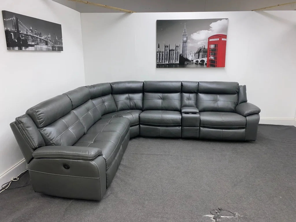 Limited Time Offer! Parker Electric Recliner Grey Leather Corner Sofa With Console Sofas