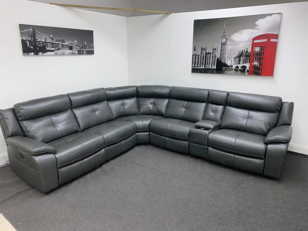 Limited Time Offer! Parker Electric Recliner Grey Leather Corner Sofa With Console Sofas