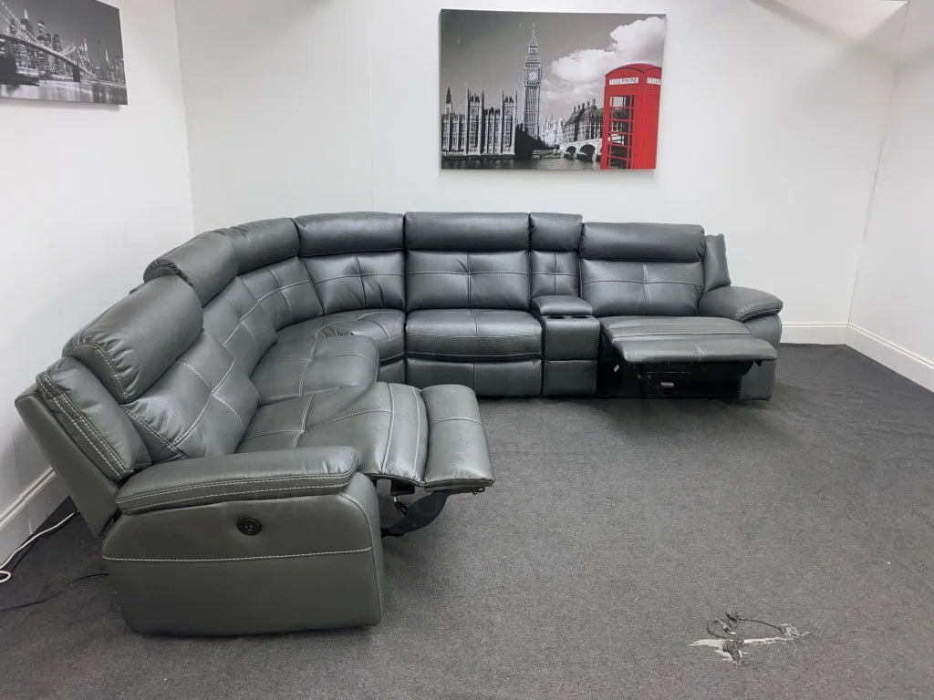 Limited Time Offer! Parker Electric Recliner Grey Leather Corner Sofa With Console Sofas