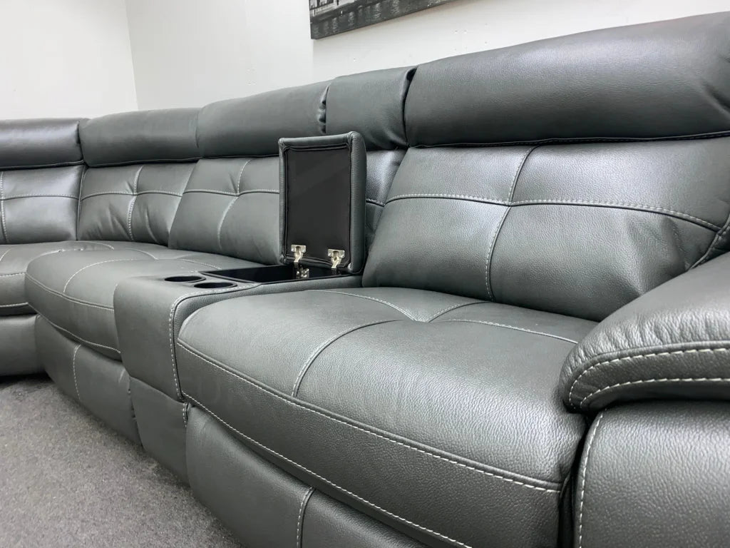 Limited Time Offer! Parker Electric Recliner Grey Leather Corner Sofa With Console Sofas