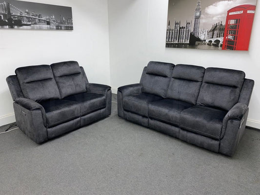 Orwell - Compact Charcoal Grey Velvet Electric / Power Reclining 3 Seater + 2 Sofa Set Usb Charging