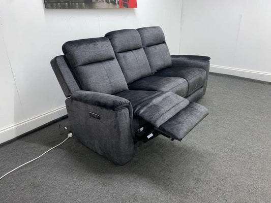 Orwell - Compact Charcoal Grey Velvet Electric / Power Reclining 3 Seater Usb Charging & Drinks